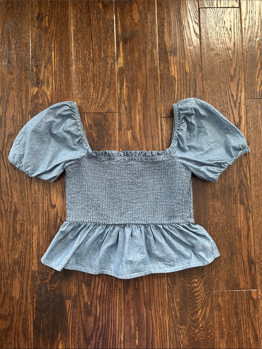 J. Crew Blue Smocked Square-Neck Peplum Top
